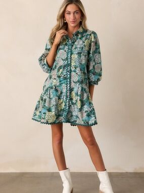 Cottagecore Green Floral Cotton Drop Waist Mini Dress Romantic Prairie Sz LG